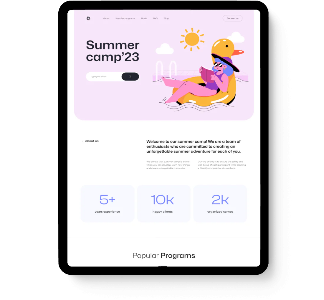 Summer Camp Hero section ipad image